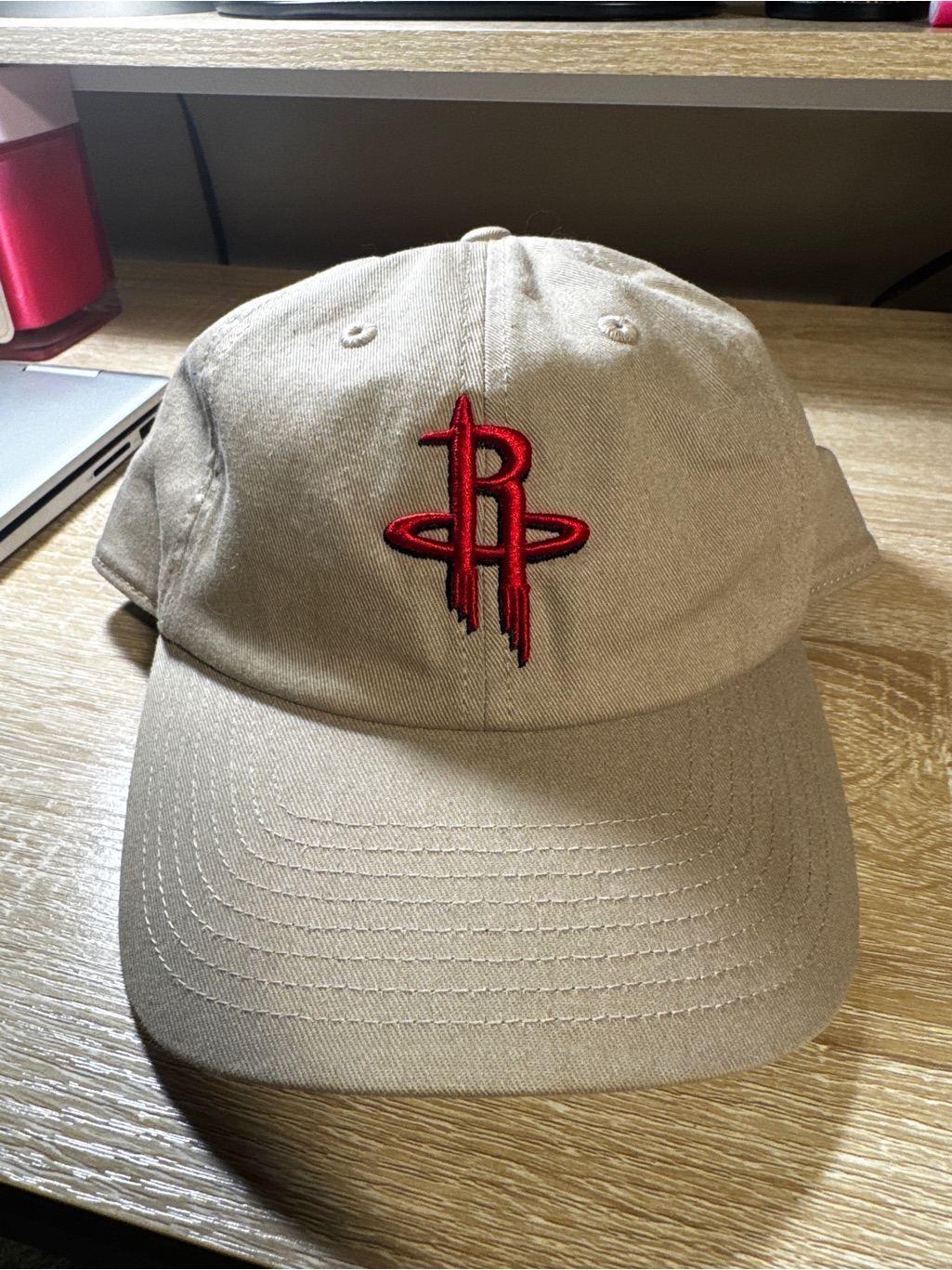 Beige Baseball Cap With Red Embroidered Logo